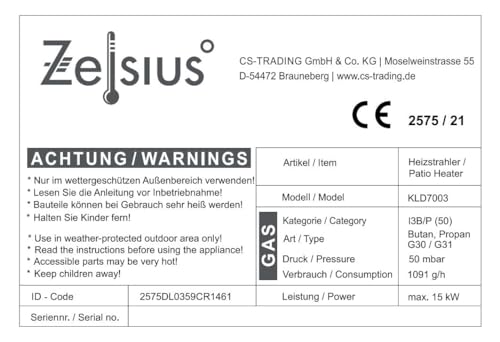 Zelsius Heizstrahler mit Glasröhre Davos 15 kW Schwarz | Ø 57 x (H) 174 cm | Spiralflammen-Heizstrahler, Terrassenheizstrahler, Heizpilz, Feuersäule Outdoor, Gasheizstrahler, Terrassenstrahler Gas – Bild 8