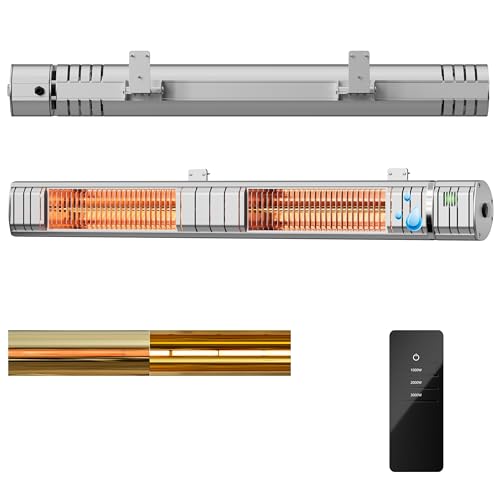 Heizstrahler Terrasse, Infrarotstrahler 3000W, Elektrisch Wärmestrahler mit 3 Heizstufen, Wandmontage, IP65 Wasserdicht, Infrarot Terrassenheizer für Garten Terrasse & Balkon, Silber