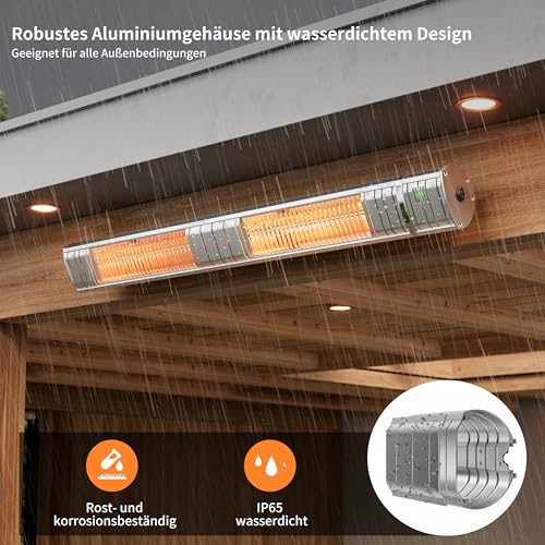 Heizstrahler Terrasse, Infrarotstrahler 3000W, Elektrisch Wärmestrahler mit 3 Heizstufen, Wandmontage, IP65 Wasserdicht, Infrarot Terrassenheizer für Garten Terrasse & Balkon, Silber – Bild 3