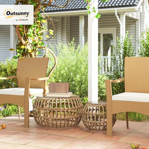 Outsunny 2er Set Beistelltisch Polyrattan Ø66/42 cm rund wetterfest Gartentisch mit Glasplatte Outdoor Balkontisch Couchtisch Gartenmöbel für Garten, Balkon Braun – Bild 2