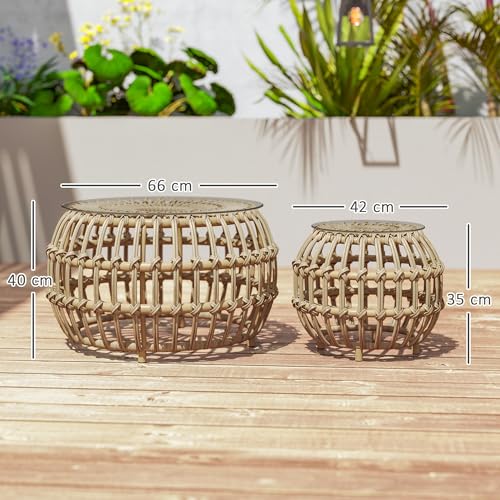 Outsunny 2er Set Beistelltisch Polyrattan Ø66/42 cm rund wetterfest Gartentisch mit Glasplatte Outdoor Balkontisch Couchtisch Gartenmöbel für Garten, Balkon Braun – Bild 3