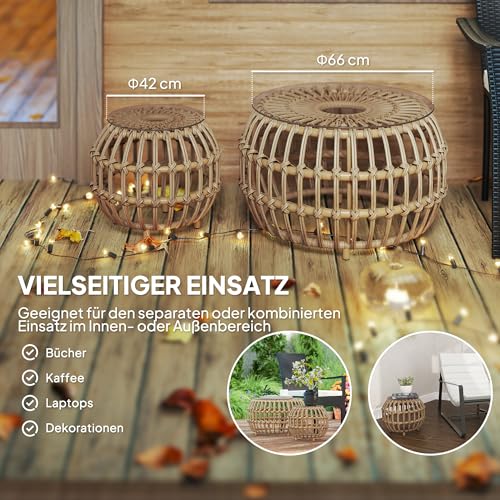 Outsunny 2er Set Beistelltisch Polyrattan Ø66/42 cm rund wetterfest Gartentisch mit Glasplatte Outdoor Balkontisch Couchtisch Gartenmöbel für Garten, Balkon Braun – Bild 4