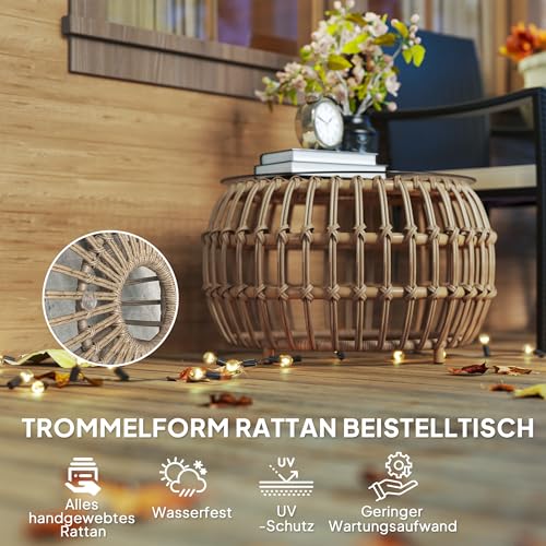 Outsunny 2er Set Beistelltisch Polyrattan Ø66/42 cm rund wetterfest Gartentisch mit Glasplatte Outdoor Balkontisch Couchtisch Gartenmöbel für Garten, Balkon Braun – Bild 5