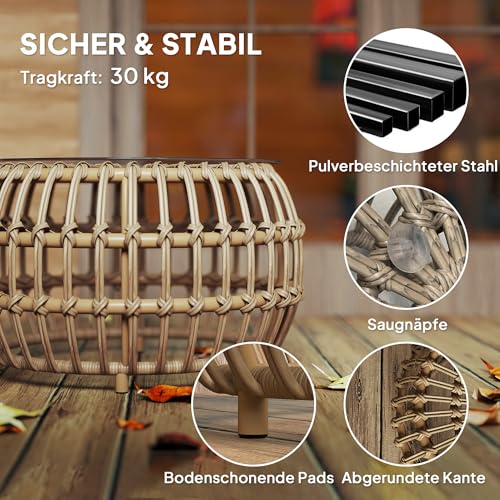 Outsunny 2er Set Beistelltisch Polyrattan Ø66/42 cm rund wetterfest Gartentisch mit Glasplatte Outdoor Balkontisch Couchtisch Gartenmöbel für Garten, Balkon Braun – Bild 6