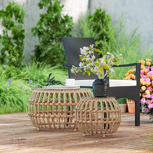 Outsunny 2er Set Beistelltisch Polyrattan Ø66/42 cm rund wetterfest Gartentisch mit Glasplatte Outdoor Balkontisch Couchtisch Gartenmöbel für Garten, Balkon Braun – Bild 8