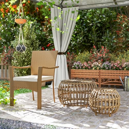 Outsunny 2er Set Beistelltisch Polyrattan Ø66/42 cm rund wetterfest Gartentisch mit Glasplatte Outdoor Balkontisch Couchtisch Gartenmöbel für Garten, Balkon Braun – Bild 9