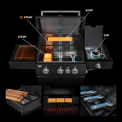 BURNHARD® Gasgrill 3-Brenner 2x Edelstahl-Stabbrenner 3,75 kW, 1x Infrarot-Keramikbrenner 3,75 kW, Gussrost, Piezo-Zündung – FRED Deluxe – Bild 2