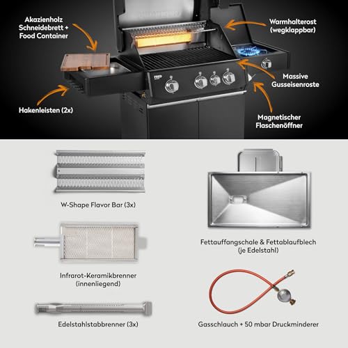 BURNHARD® Gasgrill 3-Brenner 2x Edelstahl-Stabbrenner 3,75 kW, 1x Infrarot-Keramikbrenner 3,75 kW, Gussrost, Piezo-Zündung – FRED Deluxe – Bild 4