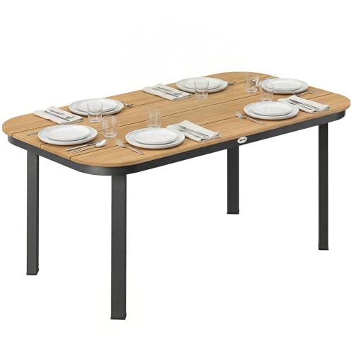 Outsunny Gartentisch, Esstisch für 6 Personen, Terrassentisch, Balkontisch mit Metallrahmen, WPC Lamellentischplatte, Braun, 155 x 88 x 72 cm