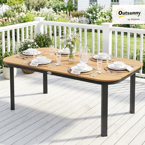 Outsunny Gartentisch, Esstisch für 6 Personen, Terrassentisch, Balkontisch mit Metallrahmen, WPC Lamellentischplatte, Braun, 155 x 88 x 72 cm – Bild 2