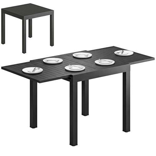Outsunny Gartentisch Ausziehbarer 80/160 x 80 cm Aluminium Esstisch für 4-6 Personen, Rechteckiger Balkontisch mit Lamellenplatte, Wetterfest Terrassentisch für Garten, Balkon Terrasse Schwarz