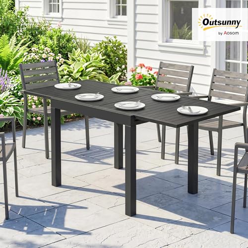Outsunny Gartentisch Ausziehbarer 80/160 x 80 cm Aluminium Esstisch für 4-6 Personen, Rechteckiger Balkontisch mit Lamellenplatte, Wetterfest Terrassentisch für Garten, Balkon Terrasse Schwarz – Bild 2