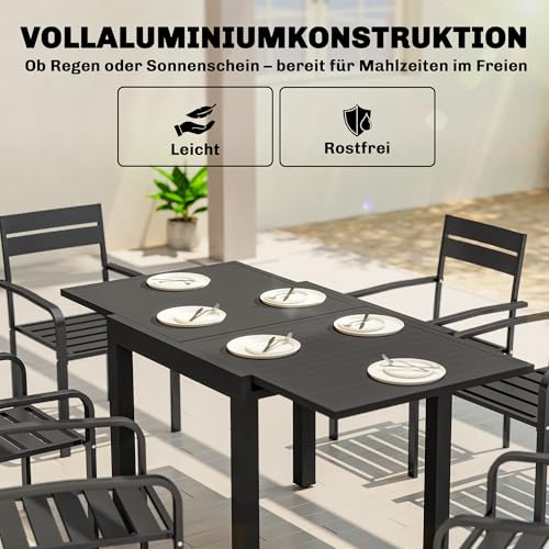 Outsunny Gartentisch Ausziehbarer 80/160 x 80 cm Aluminium Esstisch für 4-6 Personen, Rechteckiger Balkontisch mit Lamellenplatte, Wetterfest Terrassentisch für Garten, Balkon Terrasse Schwarz – Bild 5