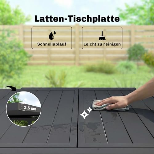 Outsunny Gartentisch Ausziehbarer 80/160 x 80 cm Aluminium Esstisch für 4-6 Personen, Rechteckiger Balkontisch mit Lamellenplatte, Wetterfest Terrassentisch für Garten, Balkon Terrasse Schwarz – Bild 6