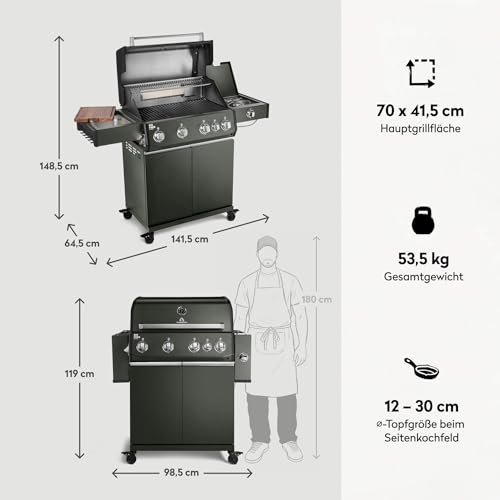 BURNHARD® Gasgrill 4-Brenner, 21,2 kW Gesamtleistung, Infrarot-Keramikbrenner, Edelstahl-Stabbrenner, Seitenkochfeld, Gussrost, große Grillfläche, Piezo-Zündung – Big FRED Deluxe – Bild 3