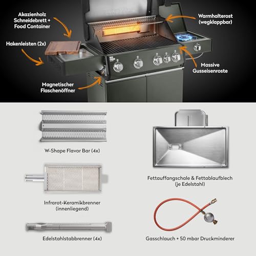 BURNHARD® Gasgrill 4-Brenner, 21,2 kW Gesamtleistung, Infrarot-Keramikbrenner, Edelstahl-Stabbrenner, Seitenkochfeld, Gussrost, große Grillfläche, Piezo-Zündung – Big FRED Deluxe – Bild 4