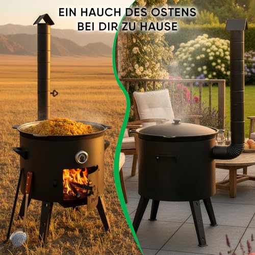 Utschak Feuerofen Ø 49 cm & Gusseisen-Kasan 22 L | Kazan-Set mit Deckel | Usbekischer Kochtopf für Grill & Plov | Flacher oder Runder Boden Wählbar – Bild 6