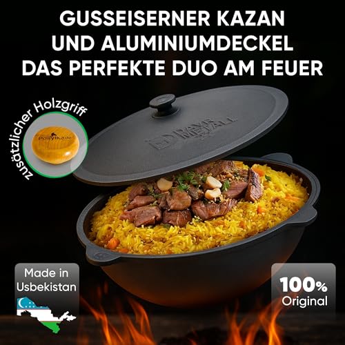 Utschak Feuerofen Ø 49 cm & Gusseisen-Kasan 22 L | Kazan-Set mit Deckel | Usbekischer Kochtopf für Grill & Plov | Flacher oder Runder Boden Wählbar – Bild 7