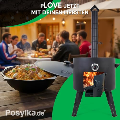 Utschak Feuerofen Ø 49 cm & Gusseisen-Kasan 22 L | Kazan-Set mit Deckel | Usbekischer Kochtopf für Grill & Plov | Flacher oder Runder Boden Wählbar – Bild 9