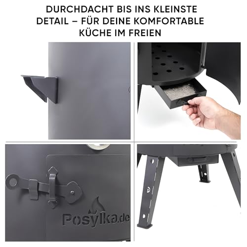 Utschak Feuerofen Ø 49 cm & Gusseisen-Kasan 22 L | Kazan-Set mit Deckel | Usbekischer Kochtopf für Grill & Plov | Flacher oder Runder Boden Wählbar – Bild 4