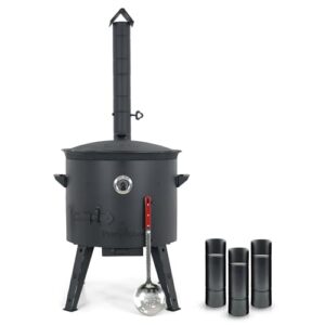 Utschak Feuerofen Ø 49 cm & Gusseisen-Kasan 22 L | Kazan-Set mit Deckel | Usbekischer Kochtopf für Grill & Plov | Flacher oder Runder Boden wählbar (49 cm, Flacher Boden)
