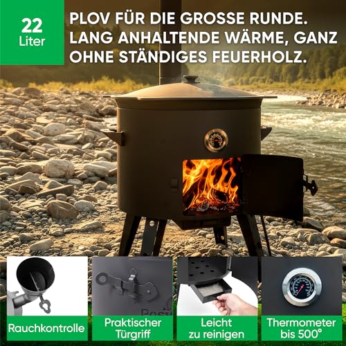 Utschak Feuerofen Ø 49 cm & Gusseisen-Kasan 22 L | Kazan-Set mit Deckel | Usbekischer Kochtopf für Grill & Plov | Flacher oder Runder Boden wählbar (49 cm, Flacher Boden) – Bild 3
