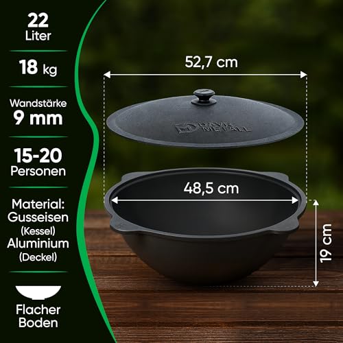 Utschak Feuerofen Ø 49 cm & Gusseisen-Kasan 22 L | Kazan-Set mit Deckel | Usbekischer Kochtopf für Grill & Plov | Flacher oder Runder Boden wählbar (49 cm, Flacher Boden) – Bild 8