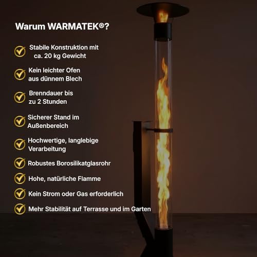 WARMATEK® Patio Premium Pelletofen für Terrasse 5000 W – Skandinavischer Pelletkamin Outdoor ohne Strom & Gas, mit hoher Glasflamme, 2,8 kg Pelletbehälter, für Garten Balkon Veranda – Bild 3