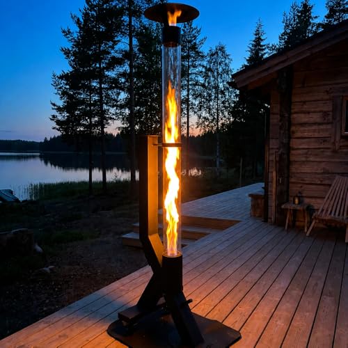 WARMATEK® Patio Premium Pelletofen für Terrasse 5000 W – Skandinavischer Pelletkamin Outdoor ohne Strom & Gas, mit hoher Glasflamme, 2,8 kg Pelletbehälter, für Garten Balkon Veranda – Bild 5