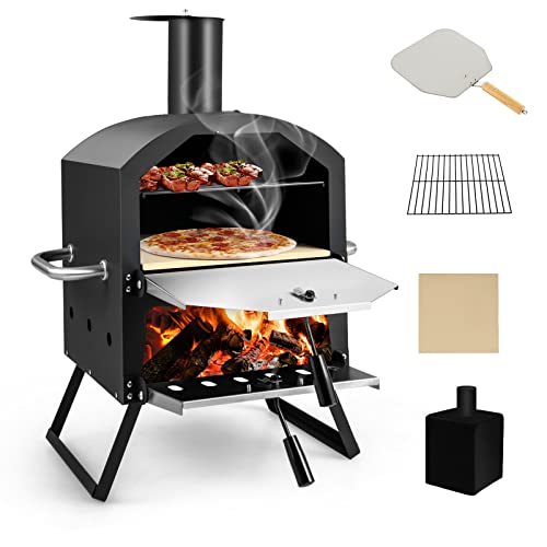 COSTWAY Outdoor Pizzaofen, 2-lagigem Pizza Ofen mit Grillrost, Pizzastein, Pizzaschaufel, wasserdichter Abdeckung, hitzebeständigen Griffen & klappbaren Beinen, für Picknick, Camping, Party