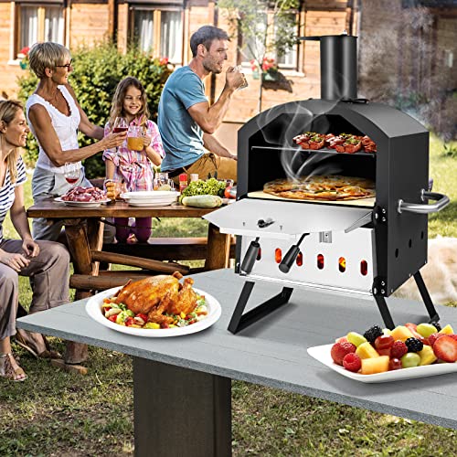 COSTWAY Outdoor Pizzaofen, 2-lagigem Pizza Ofen mit Grillrost, Pizzastein, Pizzaschaufel, wasserdichter Abdeckung, hitzebeständigen Griffen & klappbaren Beinen, für Picknick, Camping, Party – Bild 2