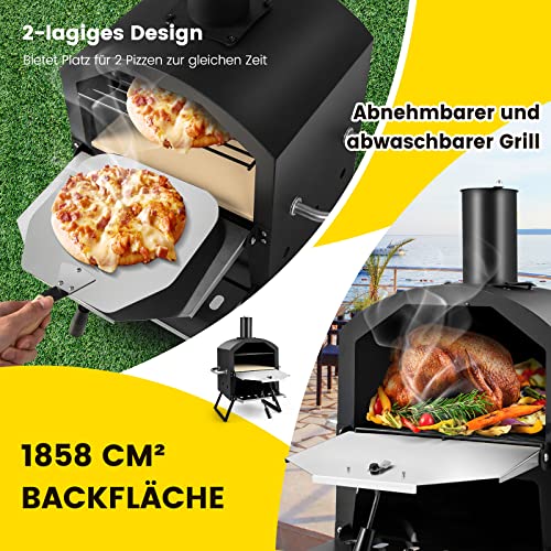 COSTWAY Outdoor Pizzaofen, 2-lagigem Pizza Ofen mit Grillrost, Pizzastein, Pizzaschaufel, wasserdichter Abdeckung, hitzebeständigen Griffen & klappbaren Beinen, für Picknick, Camping, Party – Bild 3