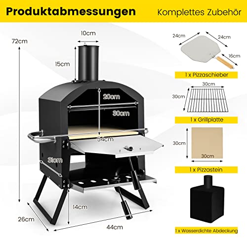 COSTWAY Outdoor Pizzaofen, 2-lagigem Pizza Ofen mit Grillrost, Pizzastein, Pizzaschaufel, wasserdichter Abdeckung, hitzebeständigen Griffen & klappbaren Beinen, für Picknick, Camping, Party – Bild 6