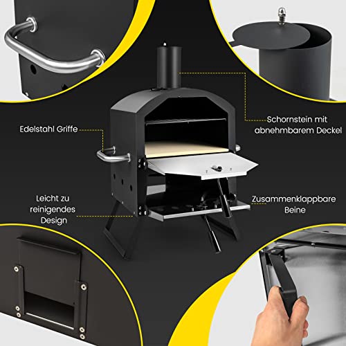 COSTWAY Outdoor Pizzaofen, 2-lagigem Pizza Ofen mit Grillrost, Pizzastein, Pizzaschaufel, wasserdichter Abdeckung, hitzebeständigen Griffen & klappbaren Beinen, für Picknick, Camping, Party – Bild 7