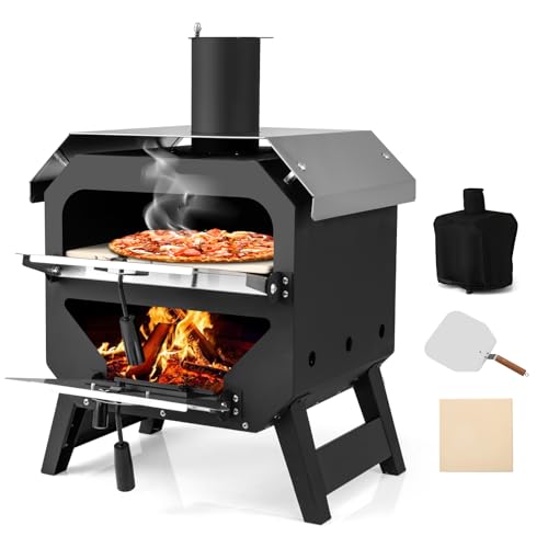 COSTWAY Outdoor Pizzaofen, Pizza Ofen mit Pizzaschaufel, Pizzastein, wasserdichter Abdeckung, Edelstahl-Dach & hitzebeständigen Griffen, tragbarer Brennofen, Holzofen für Picknick, BBQ-Party, Camping