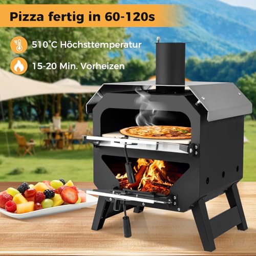 COSTWAY Outdoor Pizzaofen, Pizza Ofen mit Pizzaschaufel, Pizzastein, wasserdichter Abdeckung, Edelstahl-Dach & hitzebeständigen Griffen, tragbarer Brennofen, Holzofen für Picknick, BBQ-Party, Camping – Bild 2