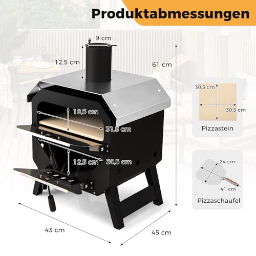 COSTWAY Outdoor Pizzaofen, Pizza Ofen mit Pizzaschaufel, Pizzastein, wasserdichter Abdeckung, Edelstahl-Dach & hitzebeständigen Griffen, tragbarer Brennofen, Holzofen für Picknick, BBQ-Party, Camping – Bild 3