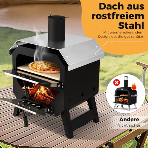 COSTWAY Outdoor Pizzaofen, Pizza Ofen mit Pizzaschaufel, Pizzastein, wasserdichter Abdeckung, Edelstahl-Dach & hitzebeständigen Griffen, tragbarer Brennofen, Holzofen für Picknick, BBQ-Party, Camping – Bild 4