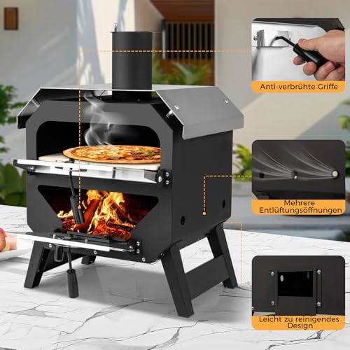 COSTWAY Outdoor Pizzaofen, Pizza Ofen mit Pizzaschaufel, Pizzastein, wasserdichter Abdeckung, Edelstahl-Dach & hitzebeständigen Griffen, tragbarer Brennofen, Holzofen für Picknick, BBQ-Party, Camping – Bild 5