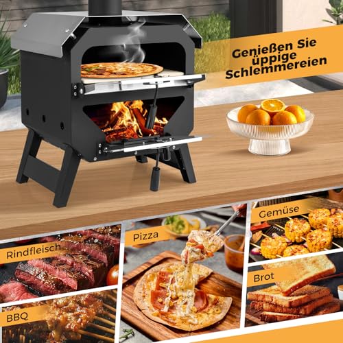 COSTWAY Outdoor Pizzaofen, Pizza Ofen mit Pizzaschaufel, Pizzastein, wasserdichter Abdeckung, Edelstahl-Dach & hitzebeständigen Griffen, tragbarer Brennofen, Holzofen für Picknick, BBQ-Party, Camping – Bild 8