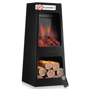 KAMINIO Elektrischer Gartenkamin Kai - Elektro Terrassenofen mit Heizung, 3D-Flammeneffekt, Holzfach, LED-Ambientelicht, Fernbedienung (Large)