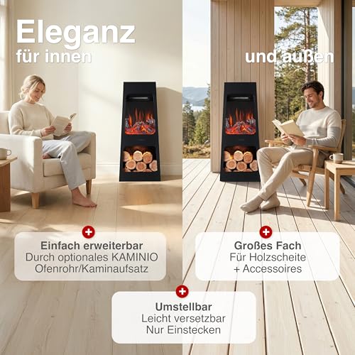 KAMINIO Elektrischer Gartenkamin Kai - Elektro Terrassenofen mit Heizung, 3D-Flammeneffekt, Holzfach, LED-Ambientelicht, Fernbedienung (Large) – Bild 2