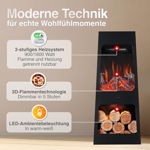 KAMINIO Elektrischer Gartenkamin Kai - Elektro Terrassenofen mit Heizung, 3D-Flammeneffekt, Holzfach, LED-Ambientelicht, Fernbedienung (Large) – Bild 3