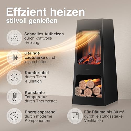 KAMINIO Elektrischer Gartenkamin Kai - Elektro Terrassenofen mit Heizung, 3D-Flammeneffekt, Holzfach, LED-Ambientelicht, Fernbedienung (Large) – Bild 4