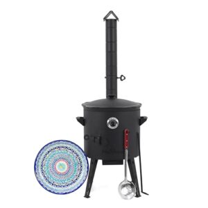 Utschak Feuerofen Ø 40 cm & Gusseisen-Kasan 12 L | Kazan-Set mit Deckel | Usbekischer Kochtopf für Grill & Plov | Schaumlöffel 48 cm | Lagan | Flacher oder Runder Boden wählbar (Runder Boden)