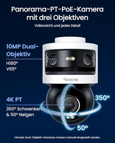 Reolink Dreifachobjektiv PoE Sicherheitskamera für den Außenbereich, 10MP 180° Panorama & 4K PT mit Auto-Tracking, KI-Videosuche, Perimeterschutz, Farb- & IR-Nachtsicht, 24/7-Aufzeichnung, OMVI 3i PoE – Bild 4