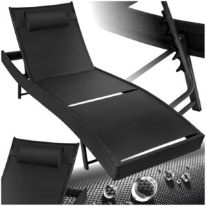 tectake® Sonnenliege, 6-Fach verstellbare Rückenlehne, Gartenliege wetterfest, Poolliege mit Kopfkissen, Outdoor Liege, UV-beständig, Strandliege für Garten, Terrasse und Balkon - schwarz