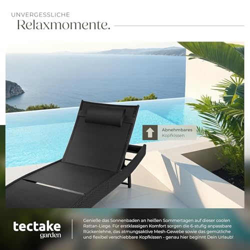 tectake® Sonnenliege, 6-Fach verstellbare Rückenlehne, Gartenliege wetterfest, Poolliege mit Kopfkissen, Outdoor Liege, UV-beständig, Strandliege für Garten, Terrasse und Balkon - schwarz – Bild 5
