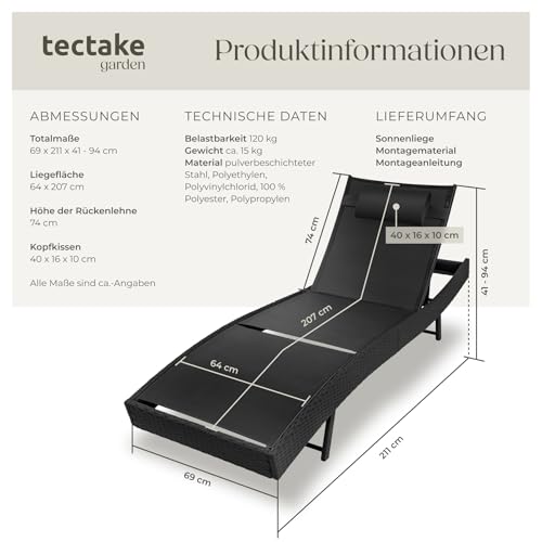tectake® Sonnenliege, 6-Fach verstellbare Rückenlehne, Gartenliege wetterfest, Poolliege mit Kopfkissen, Outdoor Liege, UV-beständig, Strandliege für Garten, Terrasse und Balkon - schwarz – Bild 2