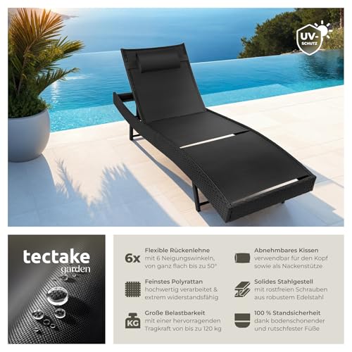tectake® Sonnenliege, 6-Fach verstellbare Rückenlehne, Gartenliege wetterfest, Poolliege mit Kopfkissen, Outdoor Liege, UV-beständig, Strandliege für Garten, Terrasse und Balkon - schwarz – Bild 3